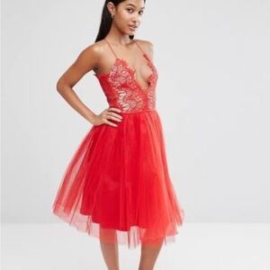 NWT Rare London Tulle midi dress with scallop lace bodice red size uk 10/us 6